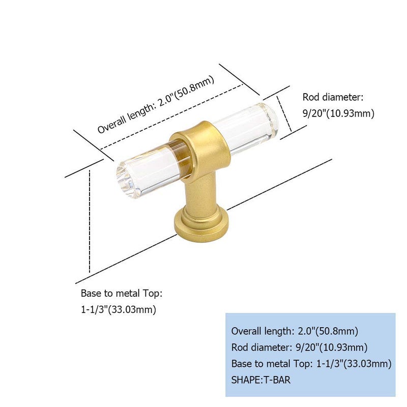 Goldenwarm 5 Pack-Clear Acrylic Drawer Knobs Brushed Brass Cabinet Hardware - LS9165GD T Bar Acrylic Drawer Pulls Gold Clear Cabinet Hardware Single Hole Drawer Pulls - Image 2
